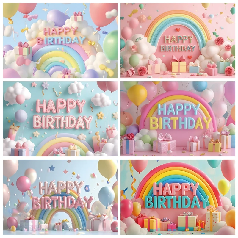 

Rainbow Theme Happy Birthday Backdrop Newborn Baby Shower Portrait Photographic Background Photography Party Decor Props Studios