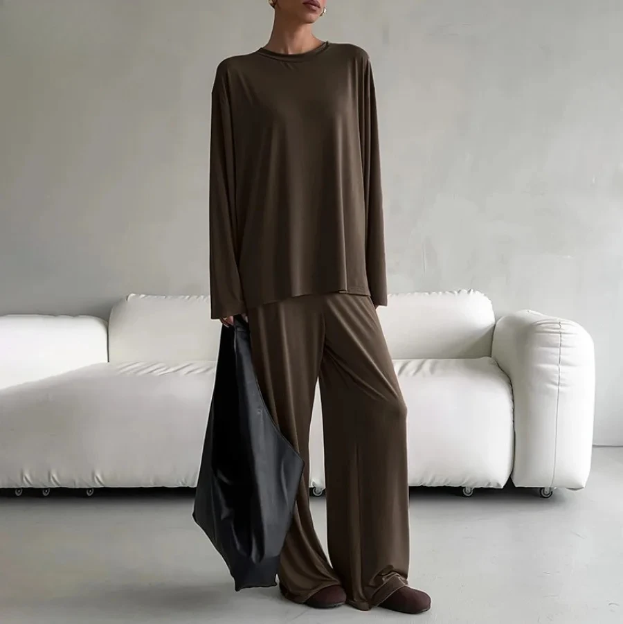 

Новый женский пижамный комплект 2026 года, 2 предмета, коричневый, свободный, для сна, с круглым вырезом, ночная рубашка, с длинными рукавами, широкие брюки