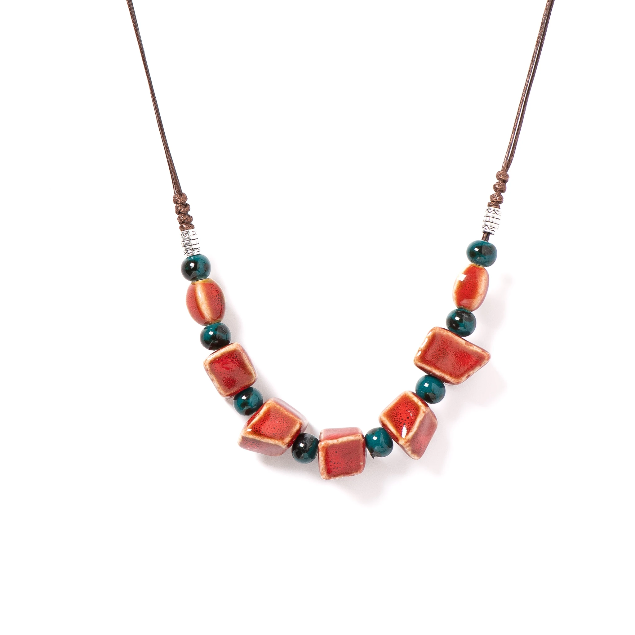 Red Geometric Ceramic Necklace Handmade Adjustable Artistic Vintage Pendant Jewelry 1148