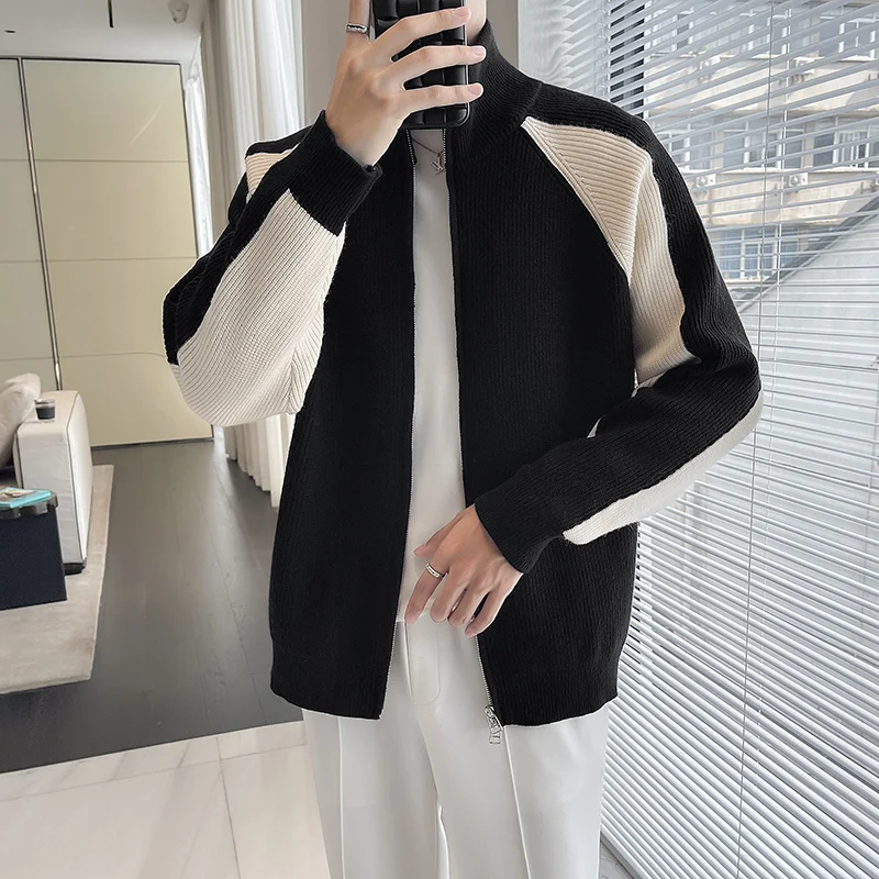 Contrast Color Cardigan Men Autumn Kintting Warm Advanced Baggy Cozy Slouchy Harajuku Temperament Classic Casual Chic Clothing