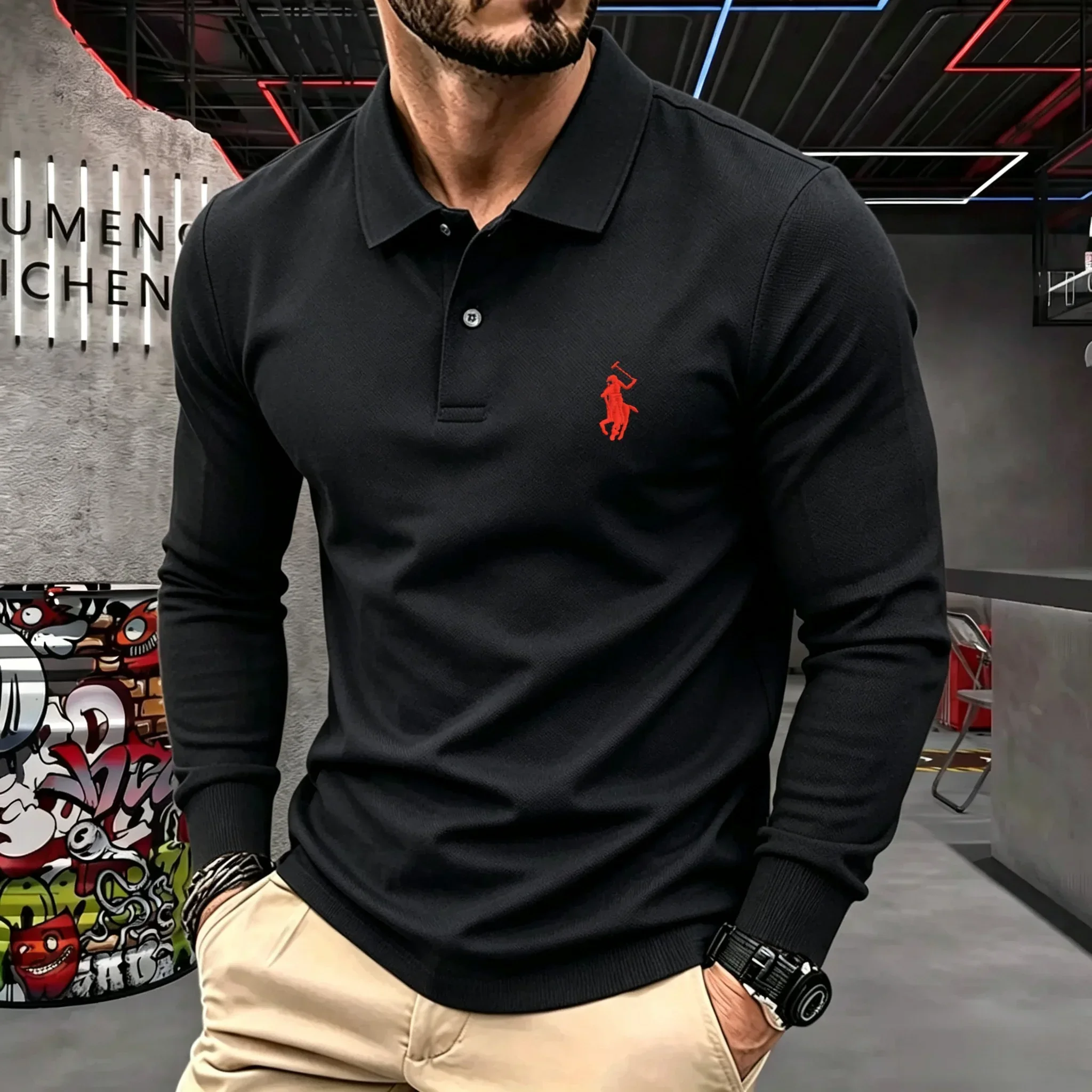 100% reine Baumwolle, hochwertiges Marken-Herren-Langarm-Poloshirt, Herbst-Winter, modisch, luxuriös, bestickt, Golf-Oberteil, lässiges T-Shirt – Detail 17