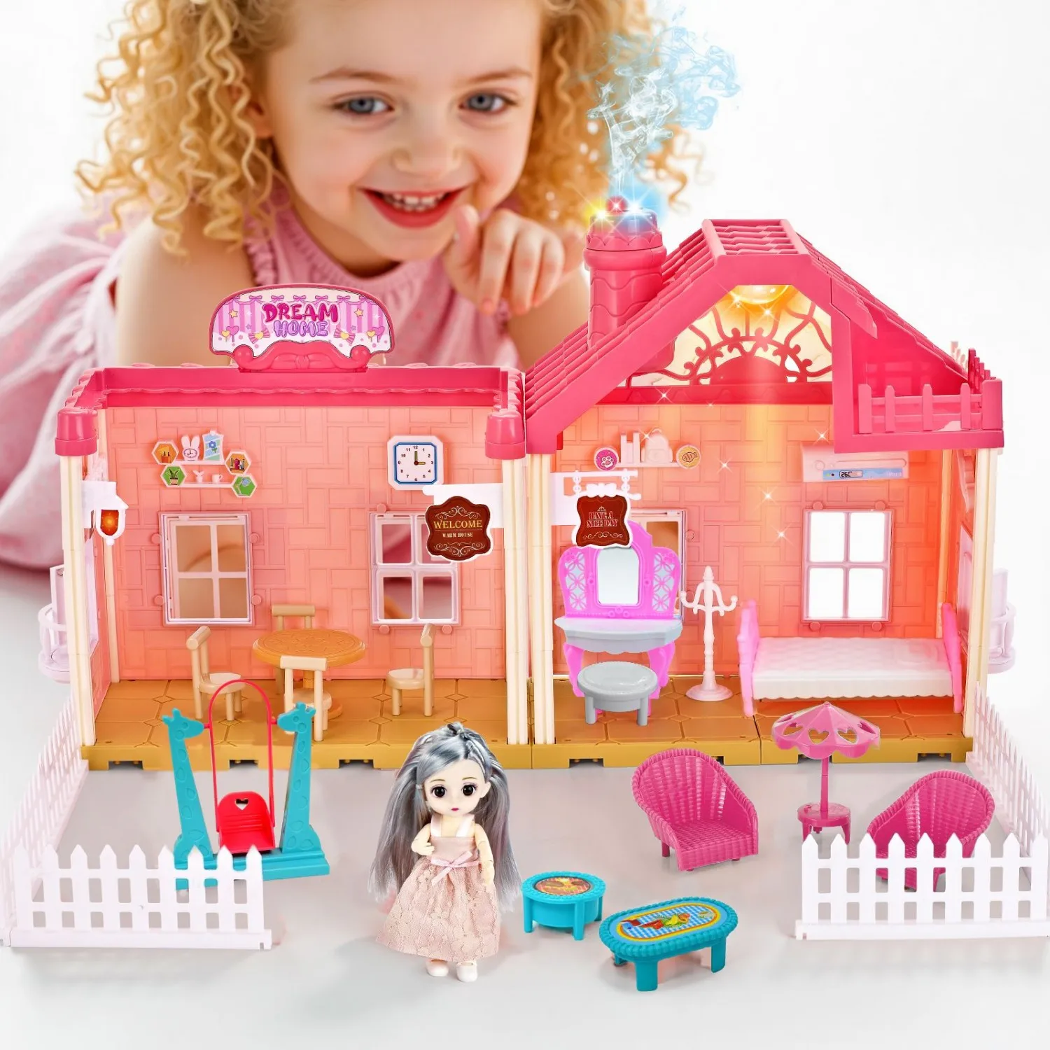 

DIY Pink Princess Doll House Toy | Pretend Playhouse with Sofa, Bed & Accessories | Creative Building Set for Girls Ages 3+ (Bir