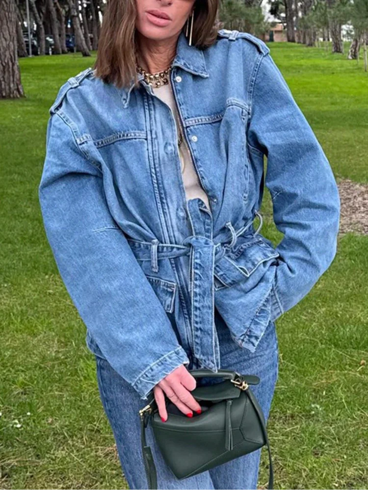 

Women Chic Lapel Denim Jackets Short Loose High Waist Versatile Long Sleeve Lace Up Coat 2026 Spring Autumn Casual Daily Coats