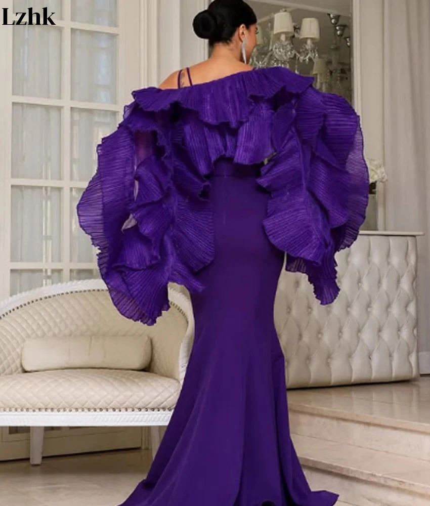 맞춤형 우아한 저지 머메이드 숄 러플 이브닝 드레스 섬세한 V넥 민소매 롱 드레스 맞춤 사이즈