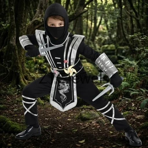 Cosplay Silver Dragon Ninja Costume Masked Warrior Outfit Halloween Anime Roleplay Party Performance Costume for Kids