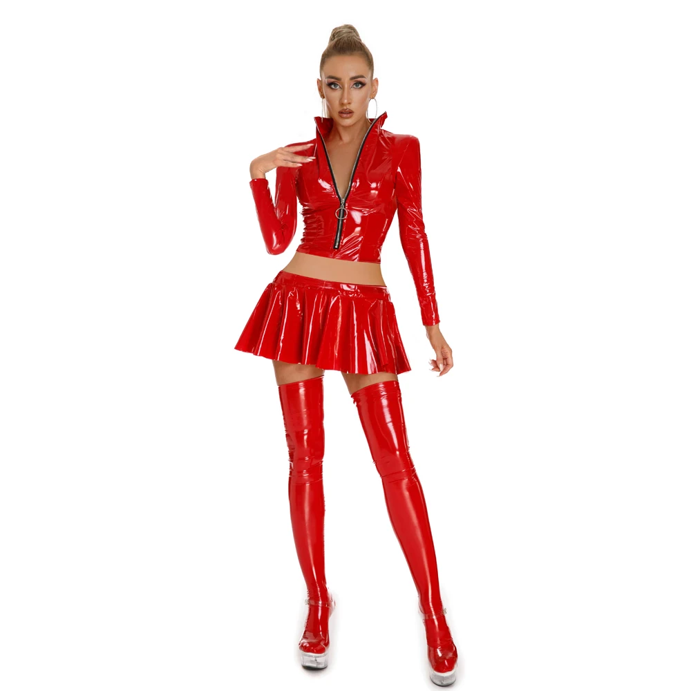 Wet-Look-PVC-Langarm-T-Shirt, Crop-Top, glänzende PU-Lederjacke, kurzes T-Shirt, Cosplay, A-Linien-Rock, Micro-Mini-Röcke, Clubwear – Detail 9