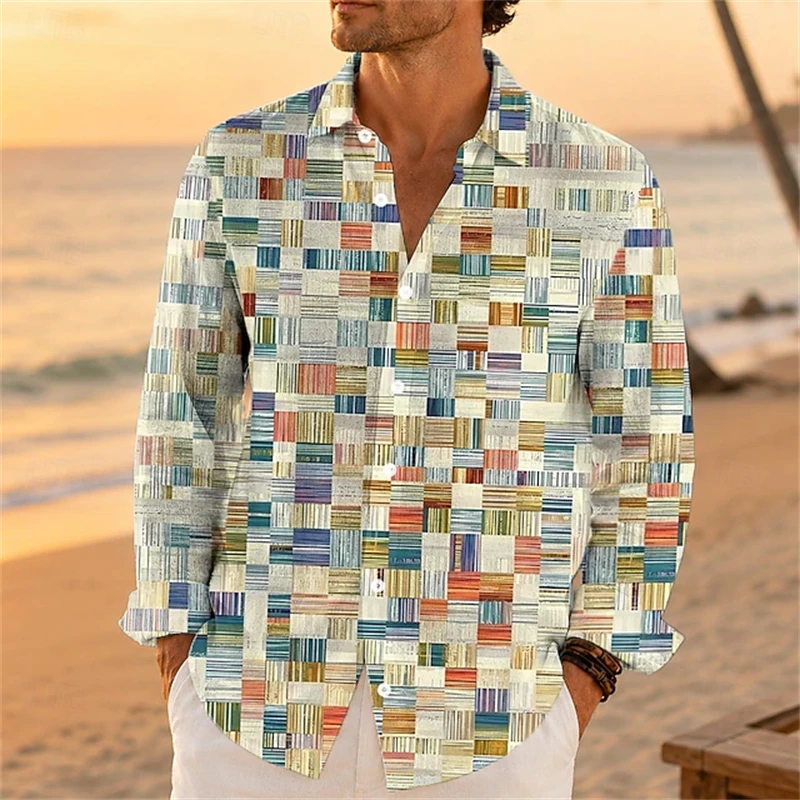 Men's Autumn Casual Long-Sleeve Shirt Stylish Button-Down with Geometric Color-Block Panels Plus Size Street-Style Vacation Top