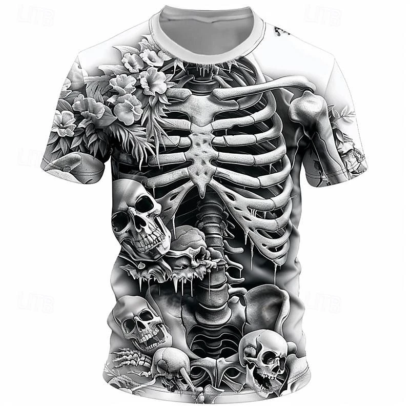 Herren Halloween 3D Skelett-Knochen Allover-Print Kurzarm Rundhals T-Shirt Festtags-Party Casual Top Herrenbekleidung – Detail 4