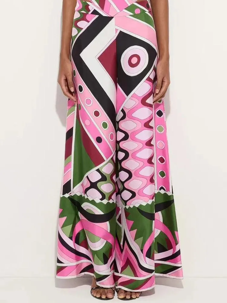 

Spring Summer Fashion Daily Casual Vintage Pattern Print Wide Leg Pants Women's Middle Waist Slim Loose Bell Bottoms Trousers