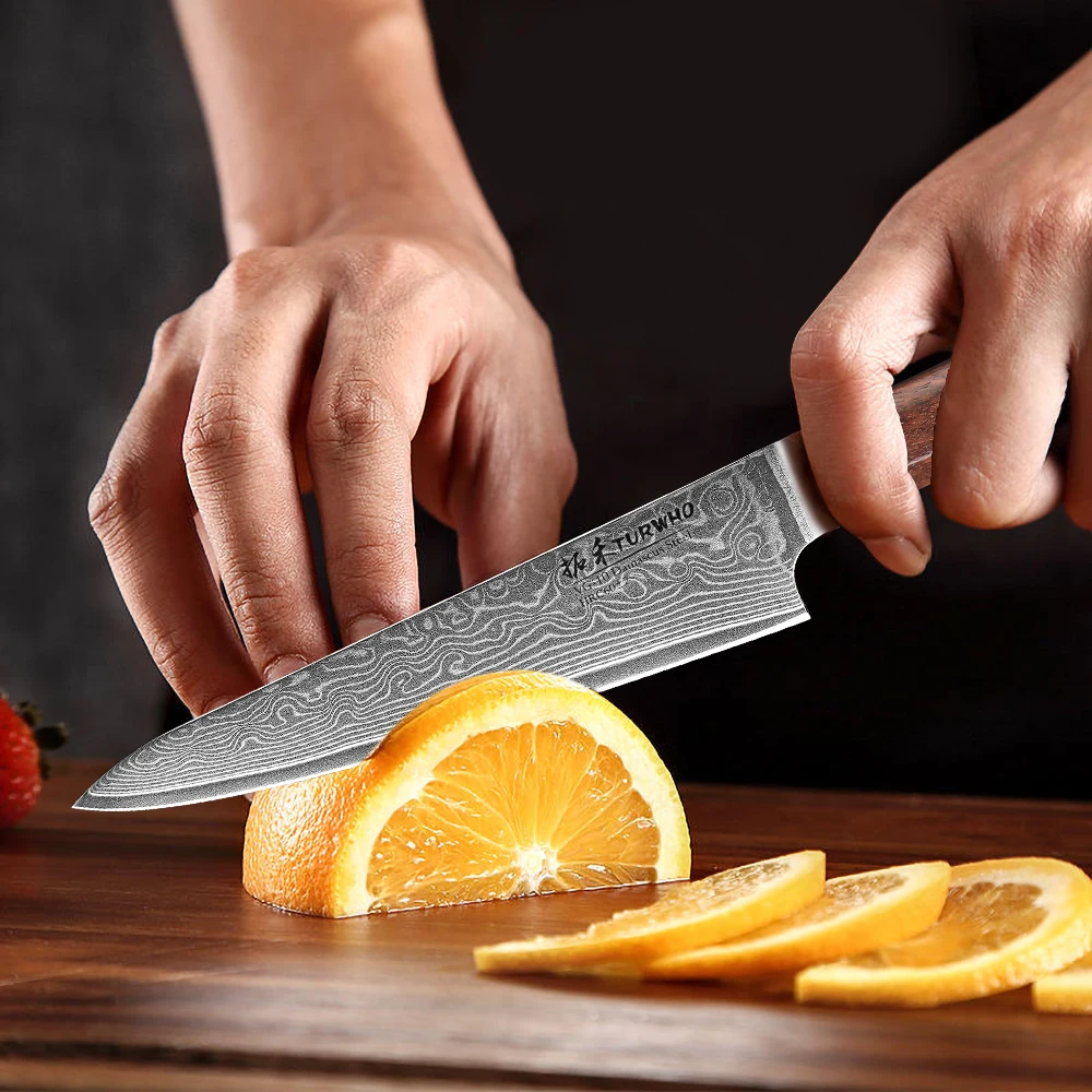 Turwho-High quality Damascus steel utility knife, Rosewood handle,for kitchen, Cleaver, slicing, paring, chef, cooking tools,5”