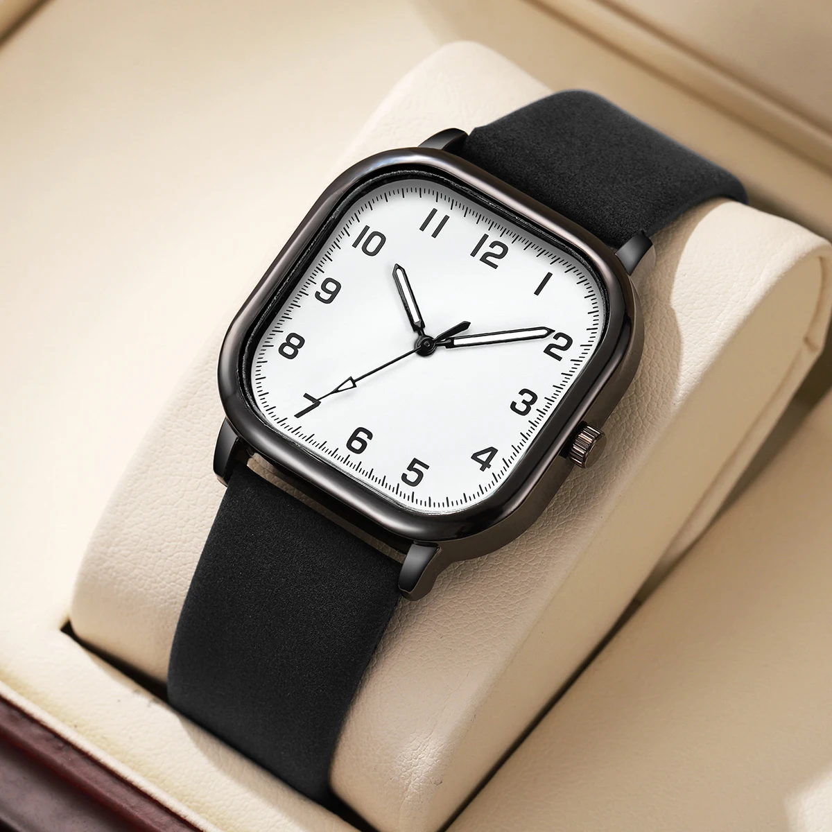 Fashion Men Business Watches Simple Square Arabic Quartz Watch Leather Band Wristwatches Reloj Hombre（Without Box）