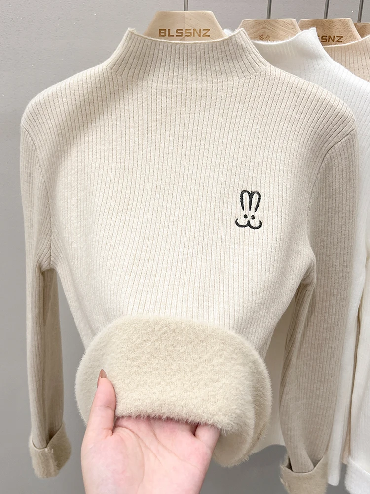 

Thiened Fce Knitted Sweater Women's Autumn Winter Slim Fit Inner Wear Base irt High And Middle School Students Suitable