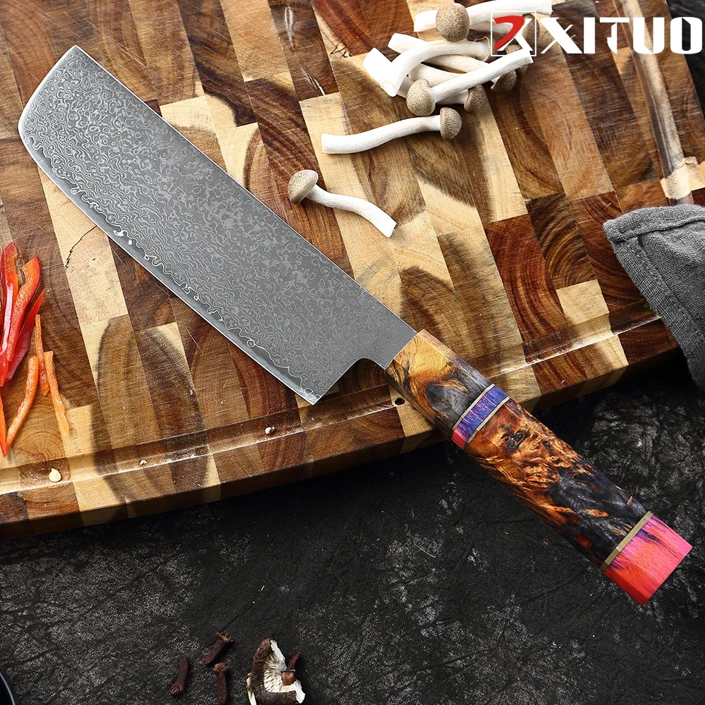 Cuchillo Nakiri japonés de 7 pulgadas, cuchillo rebanador de acero damasco, cuchillos de cocina afilados, cuchillo de verduras asiático, mango de madera octogonal