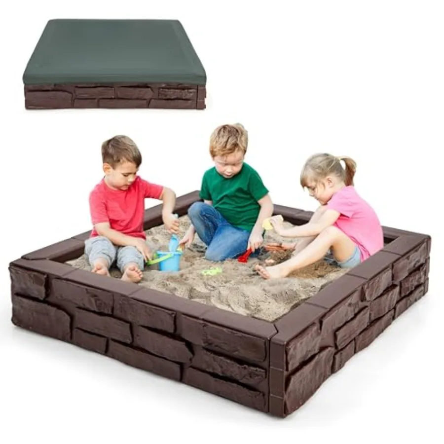 

Backyard lawn garden beach sandbox with cover for kids: HDPE sand box 47x47 Oxford cover and liner bottom drainage all-weather