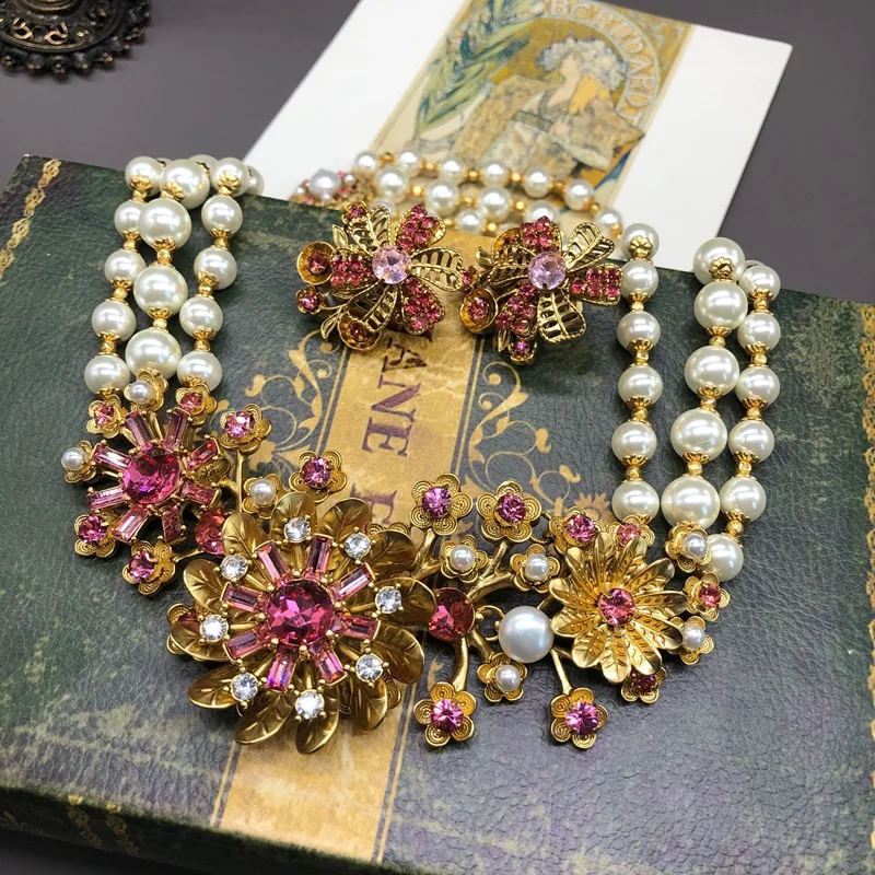 vintage temperament copper inlaid  pink diamonds multi-layered pearl three-dimensional flower necklace ear clip set for women