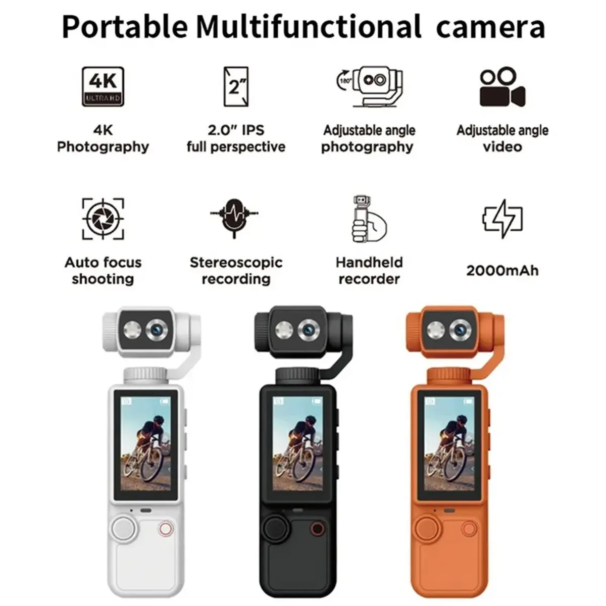 A72U Q8 Handheld Outdoor Sports Camera 4K Ultra Clear Auto Focus Video Recorder Camera Pocket Action Camera White