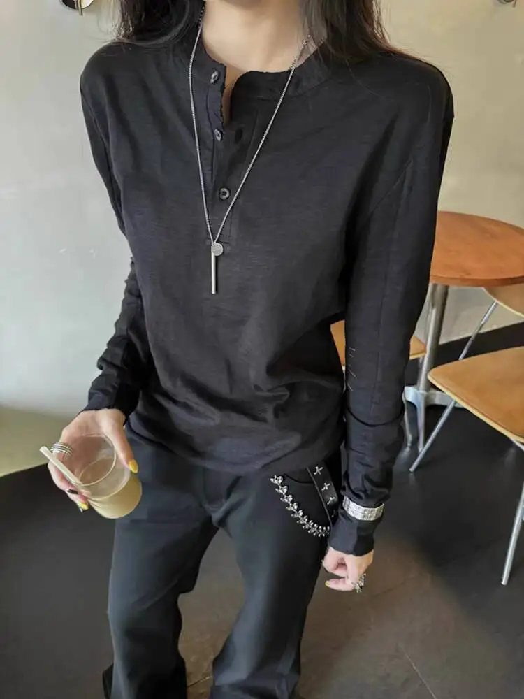 2026 Spring Women's Lightweight Long Sleeve T Shirt High-density Sun Embroidered Slub Cotton Curved Hem Slim Fit Niche Top