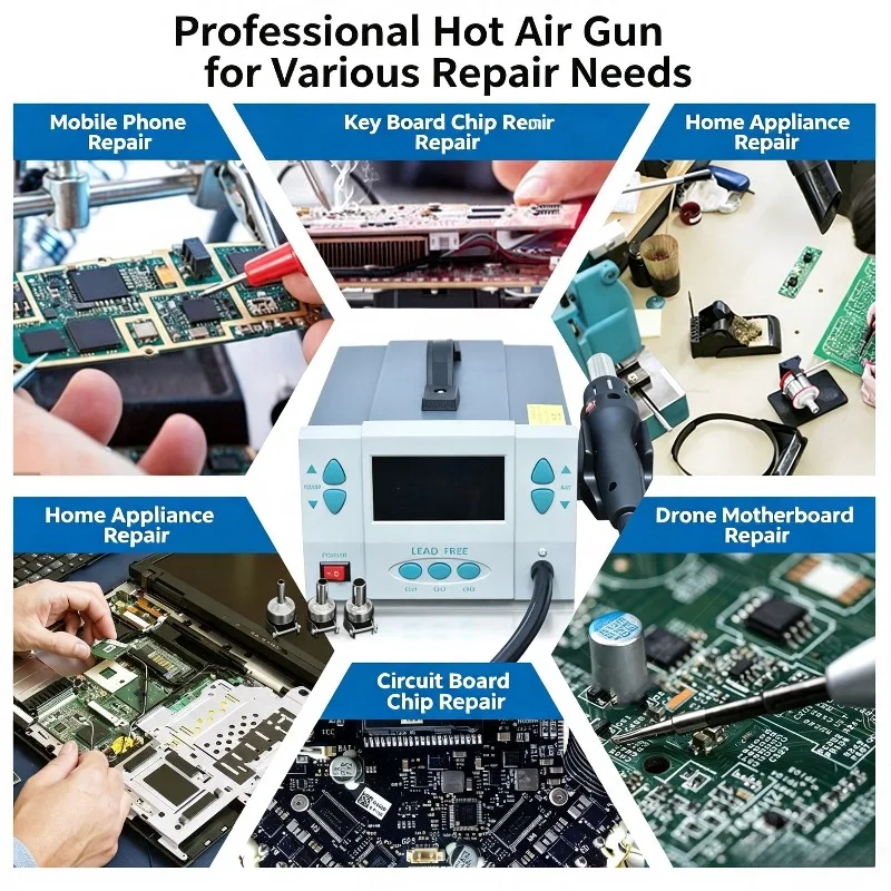 Hot Air Gun Soldering Station Industrial Grade 1000W High Frequency Smart LCD Digital Display Temperature Control Anti Scald