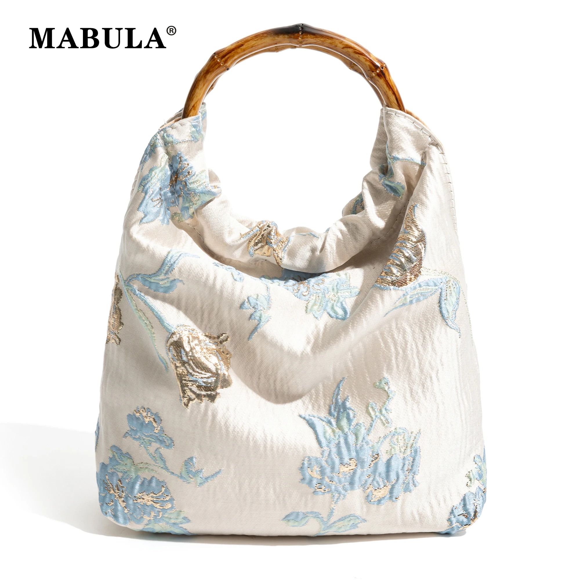 MABULA Women's Bamboo Handle Top Handle Purse with Embroidery Jacquard Chinese Trend Daily Wrist Handbag Small Elegant Tote Bag