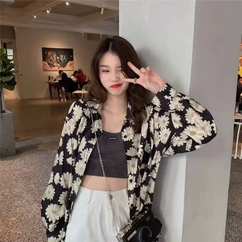 Daisy Print Women\'s 2023 Shirt Spring and Autumn New Korean Cardigan Version Retro Loose Slimming Long Sleeves All-match Blouses