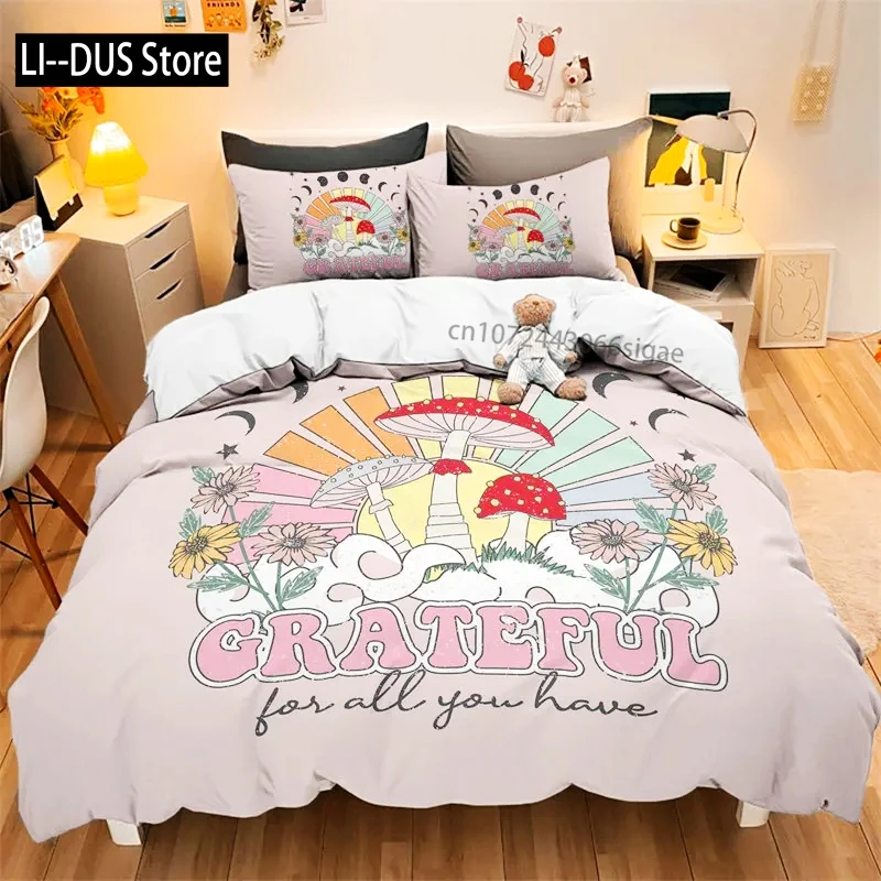 Watercolor Mushroom Duvet Cover Set Wild Forest Various Mushroom Bedding Set Fantastic Landscape Comforter Cover For Kids Adults