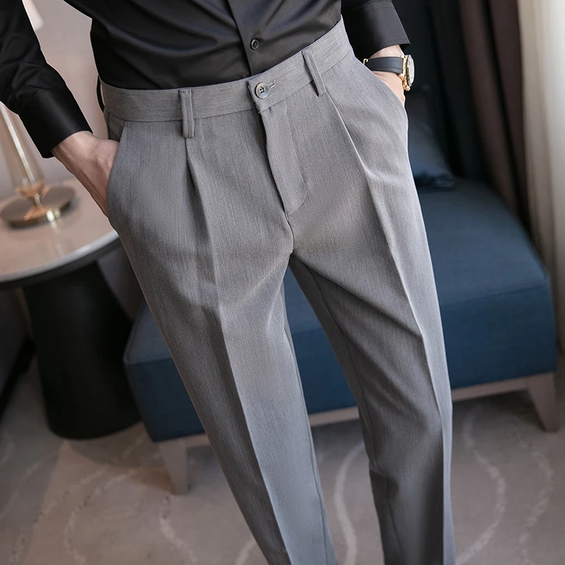 2023 New Mens Slim Fit Business Dress Pants for Men Suit Pants Ankle Length Men Summer Formal Suit Trousers Black White Gray