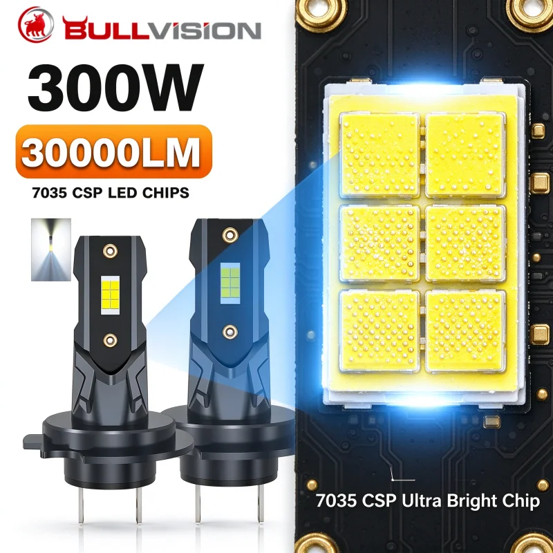 Bullvision LED H7 Headlights Bulbs 300W Car Light 7535 CSP Chips STG High Low Beam 6500K 1:1 Mini Size Plug and Play 12V 2pcs