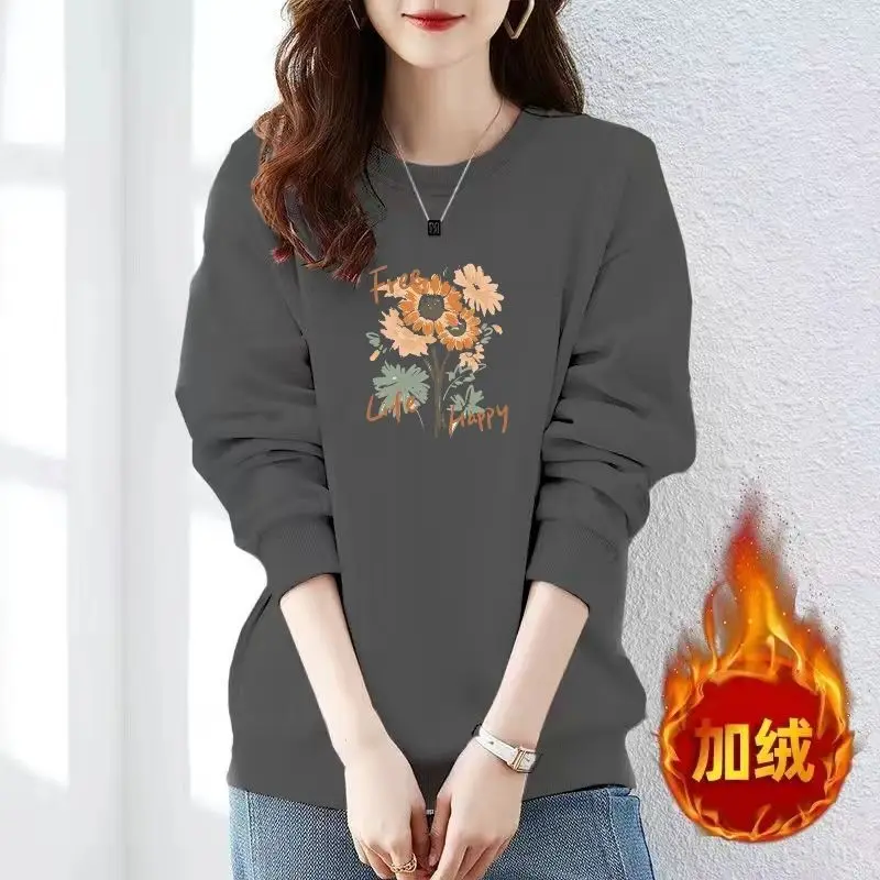 Sudadera de cuello redondo de algodón puro estilo coreano más terciopelo grueso estampado Otoño e Invierno Top suelto de manga larga ropa exterior