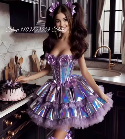 Strapless Purple Bow Prom Dress Customized Lace Corset Evening Gown Shimmering Vintage Gothic Laser-Cut Fabric Prom Dress