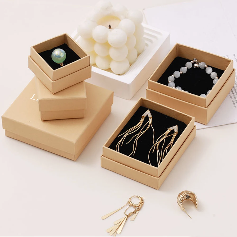 

Personalized Jewelry Paper Box Kraft Cardboard Boxes Ring Earrings Bracelet Pendant Packaging Case Suede Velvet Bag Storage Case