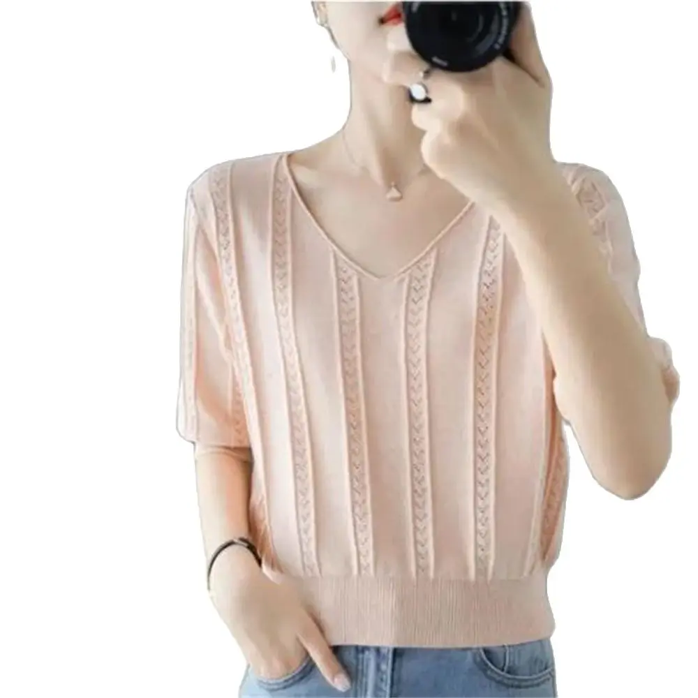 

2024 Hollow Out V-Neck Knitted Blouse Shirt Pullover Knit Blouses Top Femme Short Sleeve Knit Blouse Womem Blusas Mujer De Moda