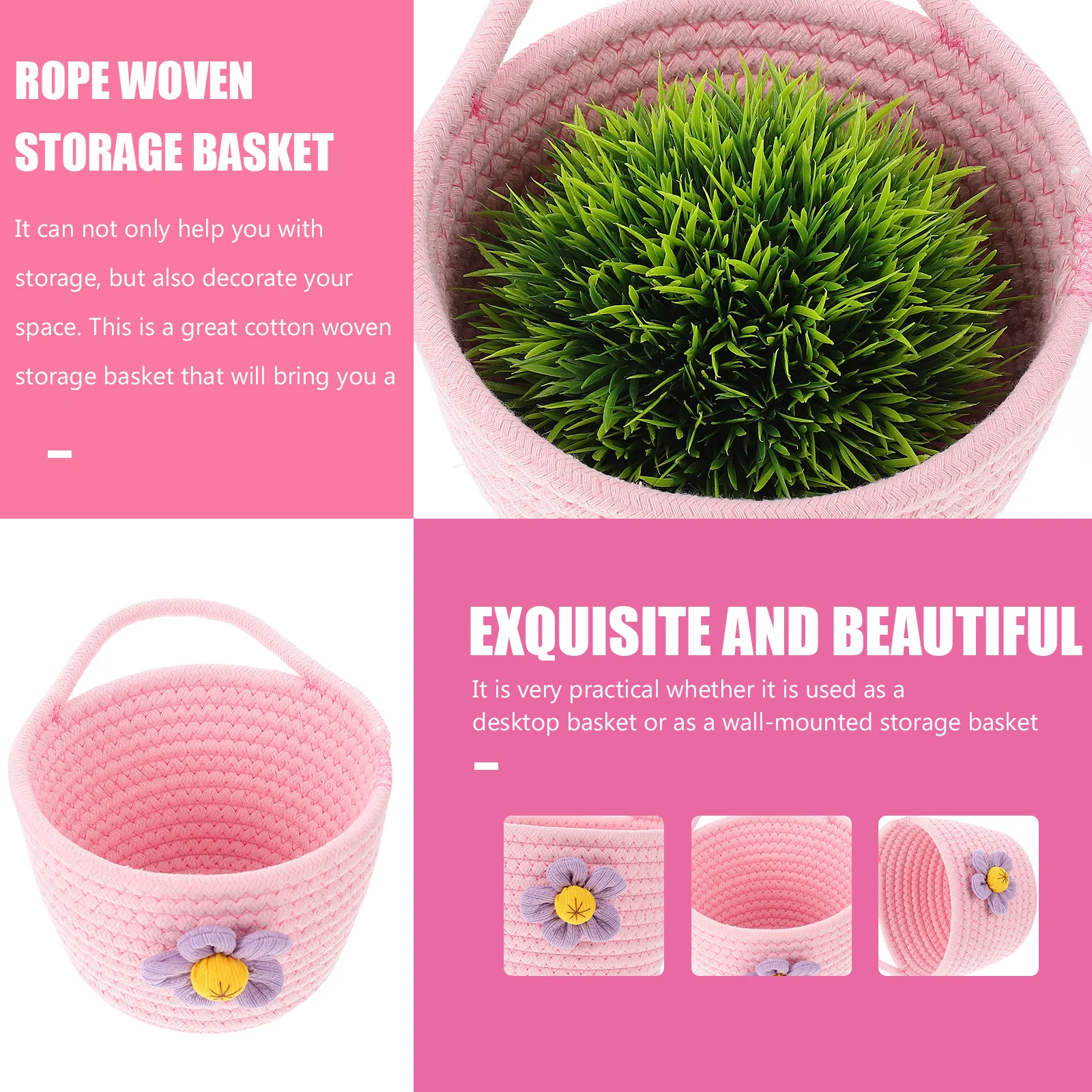 

1Pcs Woven Basket Soft Comfortable Cotton Rope Tabletop Organizer Wall Hanging Flower Container Practical Storage