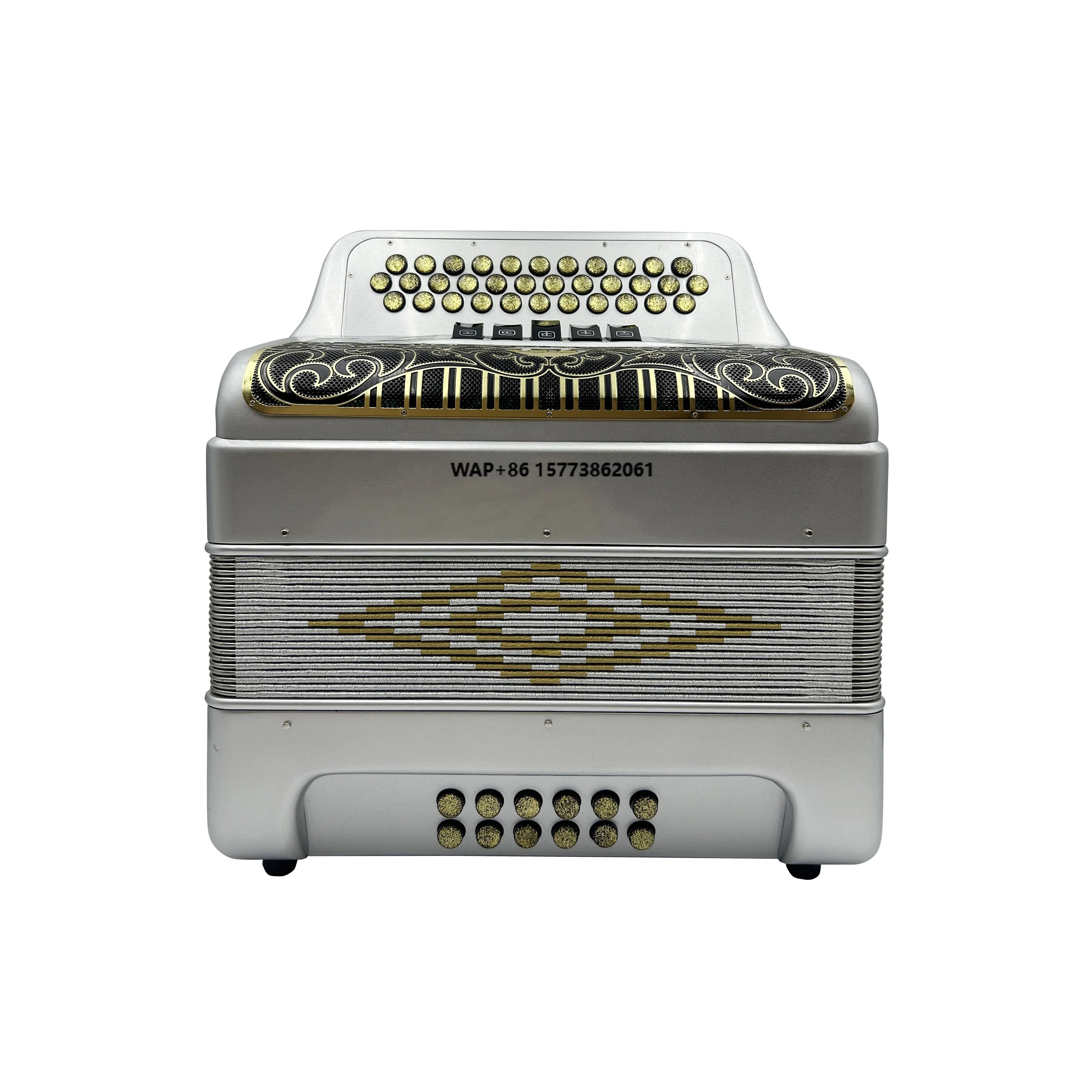 34-Button 12-Bass 5-Register Silver Accordion with Black Gold Grill and Gold Buttons JB3412D Acordeon