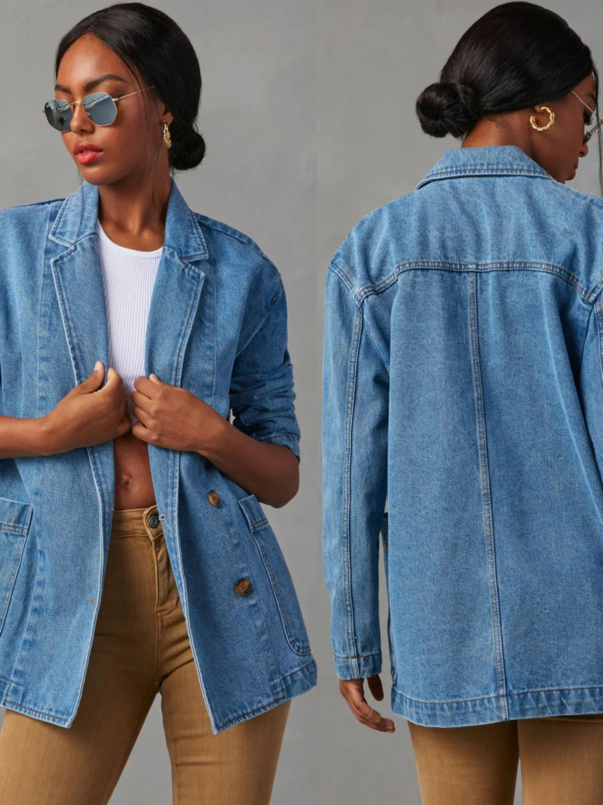 

Повседневный джинсовый костюм в уличном стиле: модная уличная одежда, хлопковая куртка свободного кроя с длинными рукавами, однотонная, на пуговицах