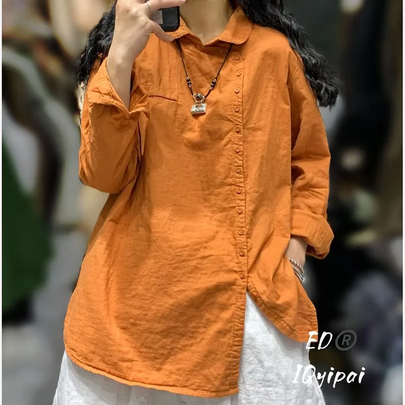 2023 Spring Autumn New Arts Style Women Long Sleeve Turn-down Collar Loose Shirt Single Breasted Cotton Linen Casual Blouse P33