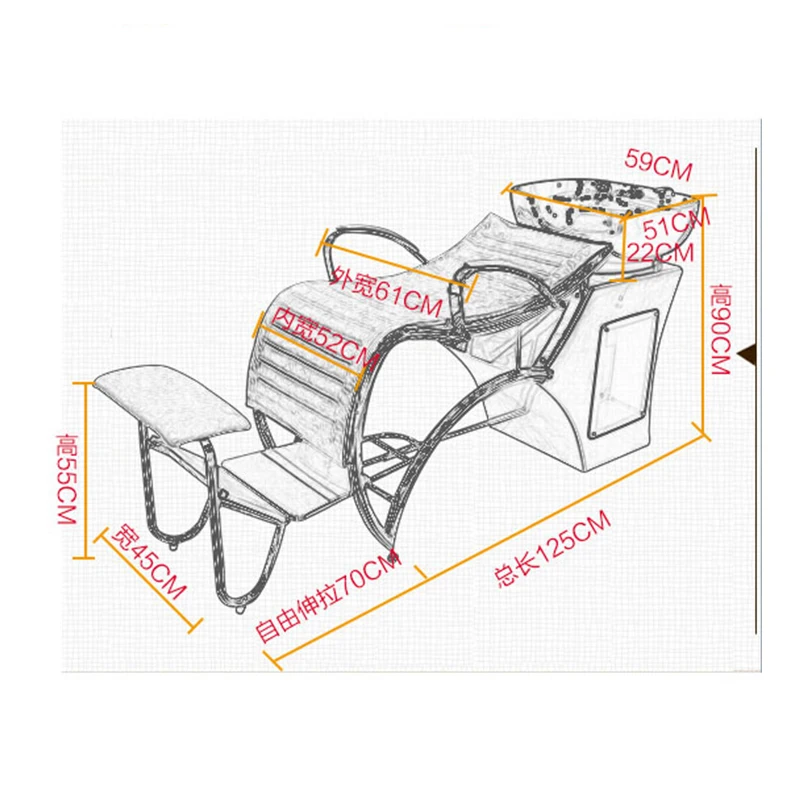 Aço inoxidável cabelo salão chuveiro pia, Shampoo cama, simplicidade Shampoo cadeira, cadeira de conforto, barbeiro, mobiliário de beleza