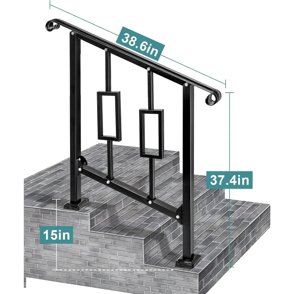 Handrails for Outdoor Steps, Fit 2 or 3 Steps Outdoor Stair Railing, Black Wrought Iron Handrail Handrails for Concrete Steps