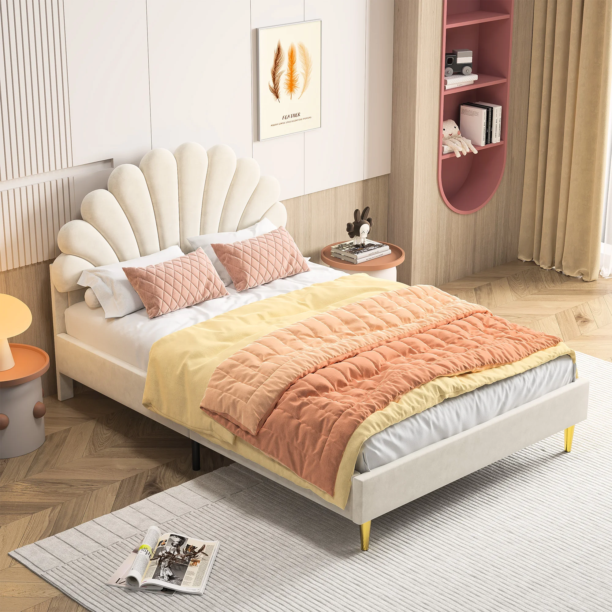 Double bed 140x200 cm, upholstered bed with flower-shaped headboard and slatted frame, stable bed frame, children's bed