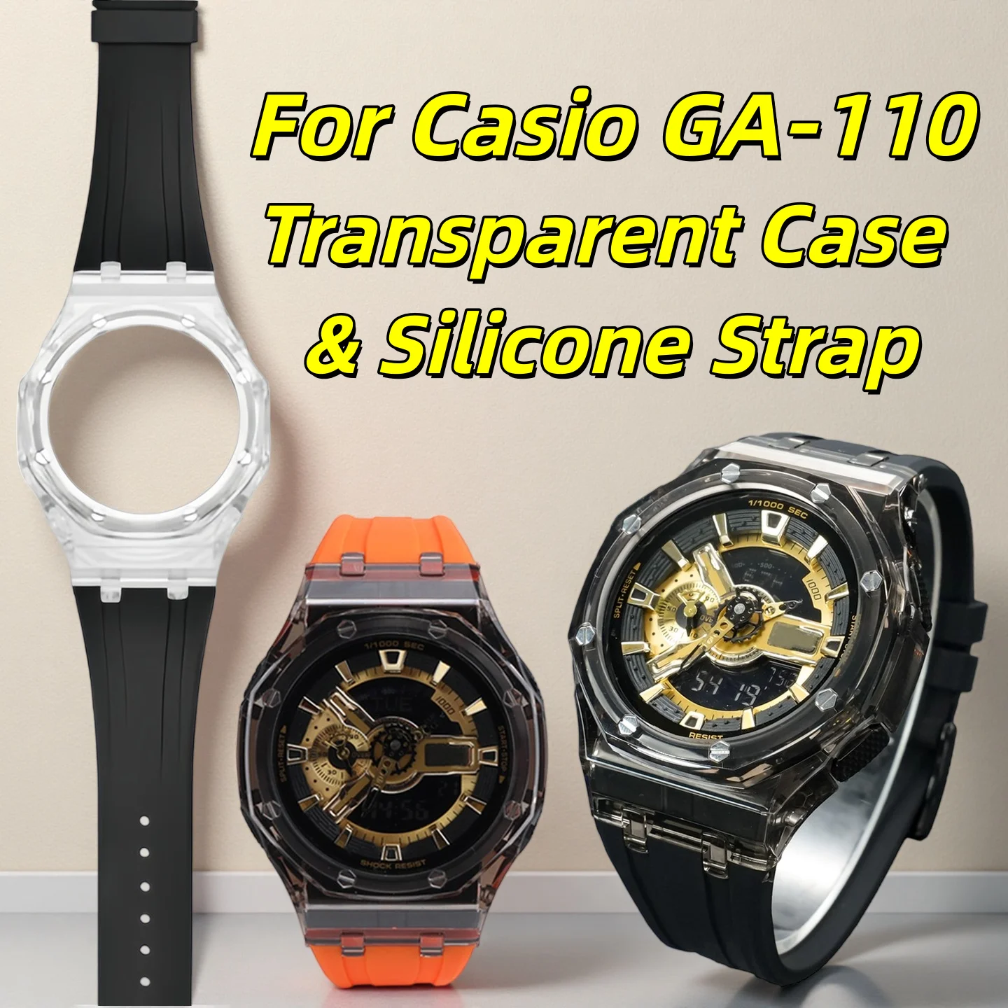 GA-110 Mod Kit Transparent Case Silicone Strap For Casio G-Shock GA110 GA100 GA120 DIY Octagonal Acrylic Bezel band Accessories