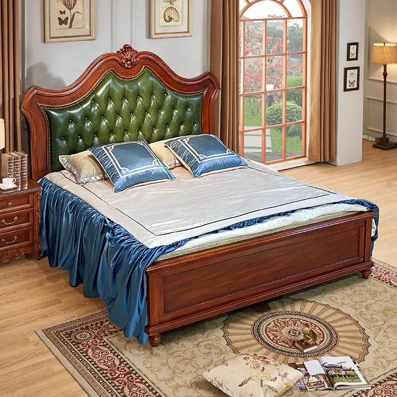 American-style Genuine Leather King-size Bed, Vintage Solid Wood Bed Set, Double Bedroom Bed, Villa and Hotel Furniture