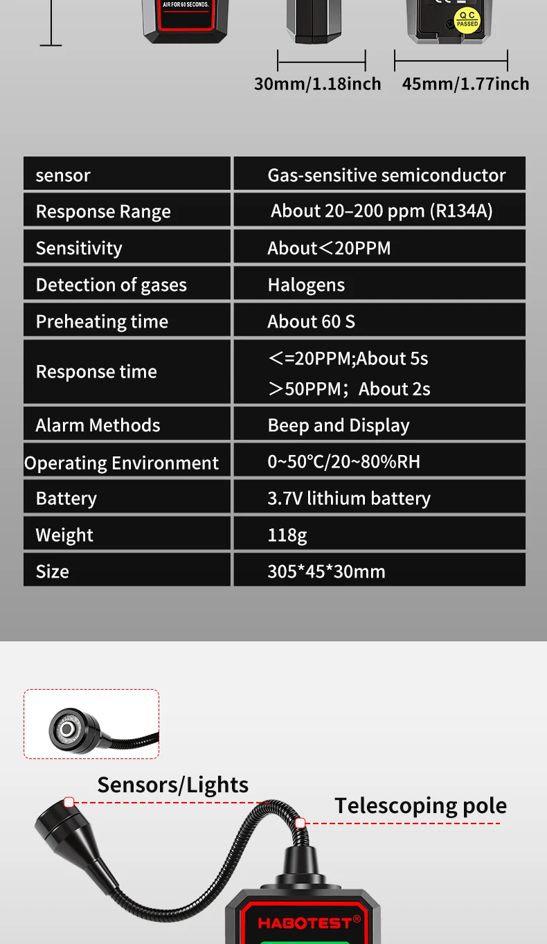 HABOTEST HT6002 Refrigerant Leak Detector 20~200PPM Halogen Gas Leak Tester R134A HVAC Air Conditioner Freon Leak Detector