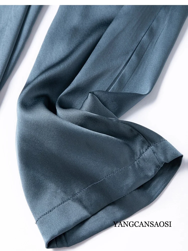 2025 Women's Casual Summer New 93% Natural Mulberry Silk Elastic Satin Grey Blue Elastic Waist Double Pocket Haren Pants