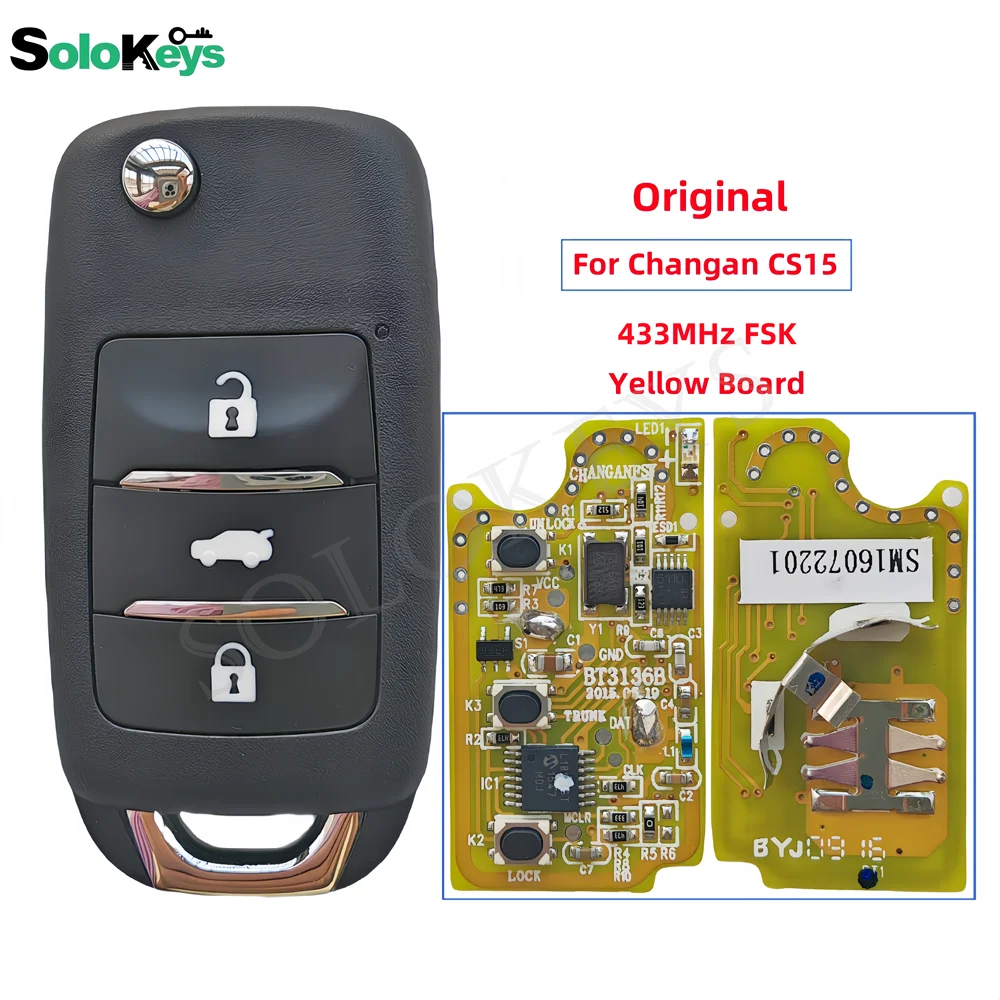 SOLOKEYS Origin Flip Folding Remote Key For Chana CS15 Yellow Board For Changan CS15 Dedicated 433Mhz FSK 3 Buttons With LOGO