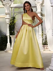 One Shoulder Cut Out Waist Satin Prom Party Dress & Evening Dress