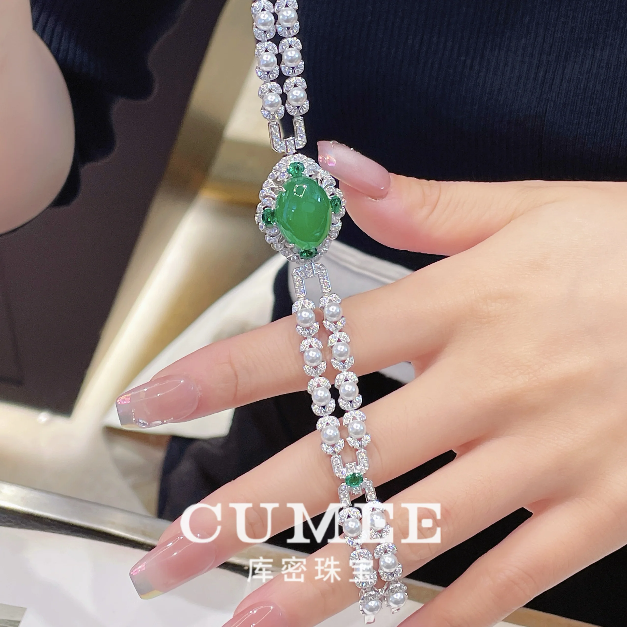 CUMEE Retro New Style High End Style Banquet Chalcedony Bracelet Necklace Set Women 925 Silver Gold Plating