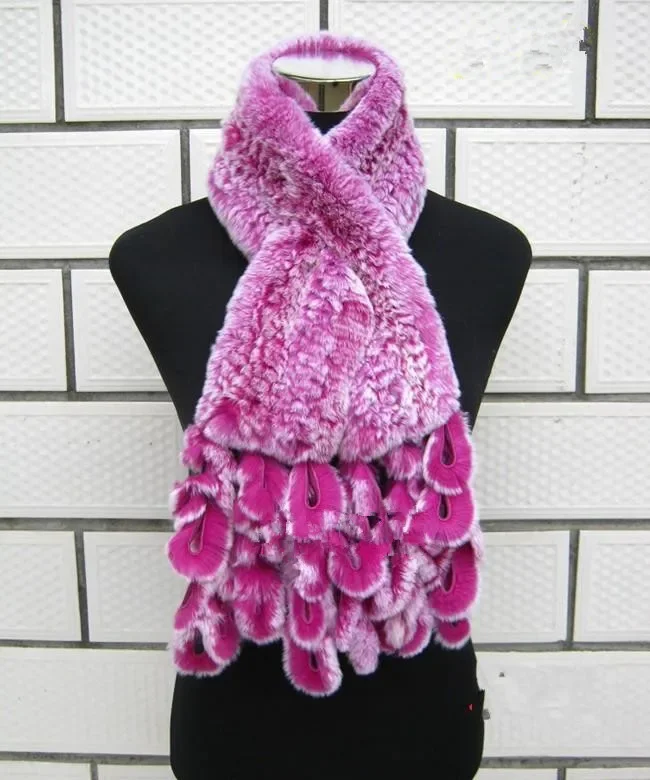Elegant Autumn and Winter Peacock Tail Scarf with Natural Rex Rabbit Gray White Green 8 Color Hand Knitted Warm Fur Muffler