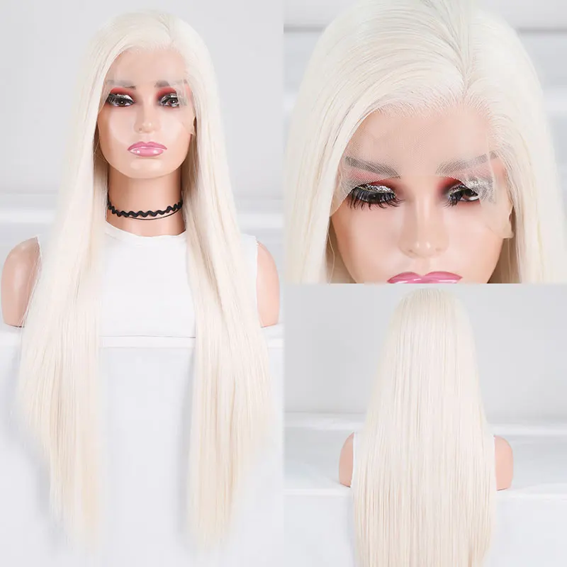 Natural White Straight Hair Wig Synthetic 13x4 Lace Front Wigs High Quality Heat Resistant Fiber Hair Side Parting For Women Use