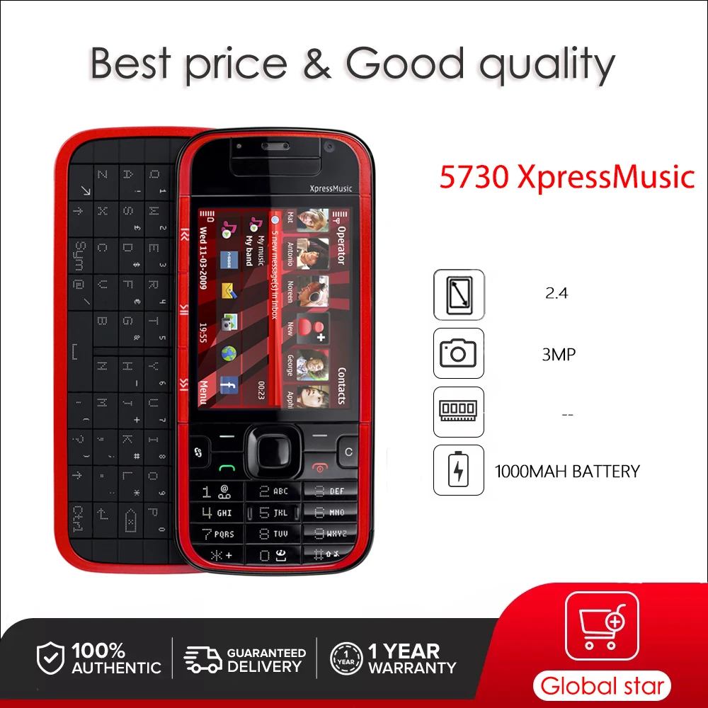 Original Unlocked 5730 XpressMusic 3MP Bluetooth Loudspeaker Phone Russian Arabic Hebrew Keyboard Made in Finland Free Shipping