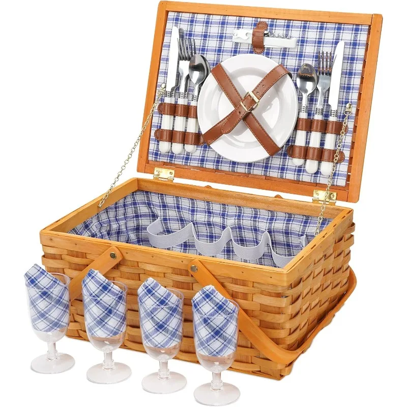 

Picnic Basket Set for 4 Persons, Woven Woodchip Basket with Folding Handles & Lid, Blue and White Gingham Lining Basket Set with
