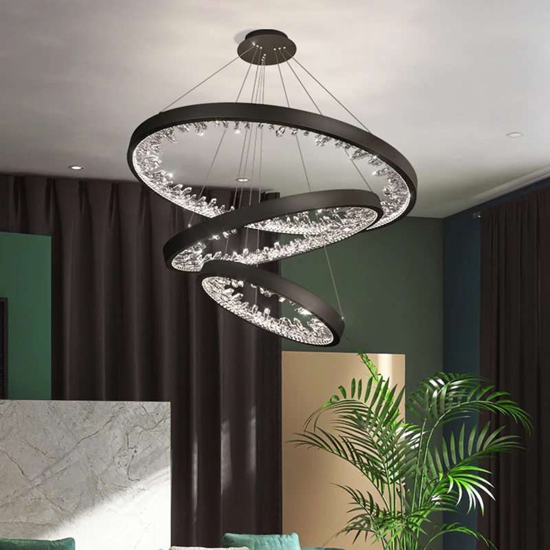 

Modern Loft Staircase Black Circular Chandelier Villa Living Room Crystal Chandelier Home Decoration Bedroom Lighting LED Light